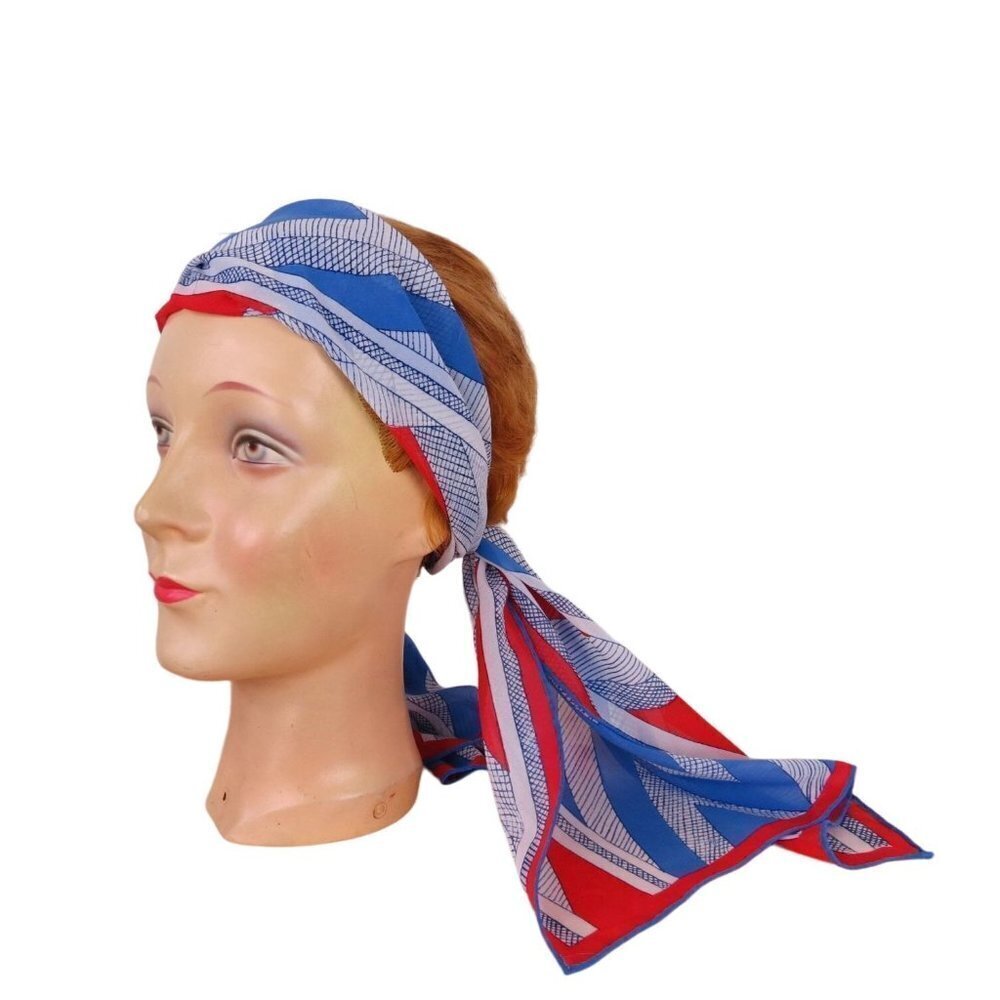 Vintage 70s VERA Neumann Red White & Blue Sheer Geometric Scarf 44" x 15" Rectan